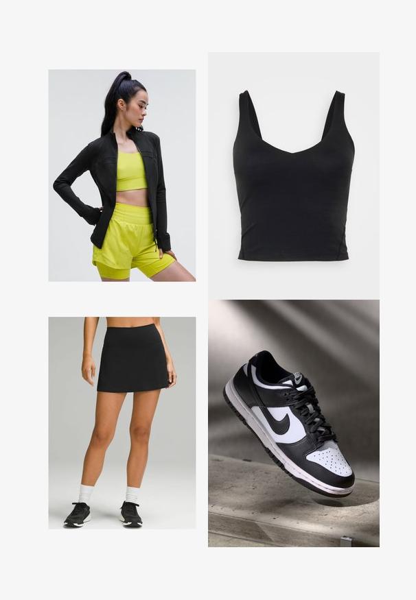Musta vetoketjullinen urheilu takki tiiviillä muotoilulla, käytetty kirkkaan keltaisen lyhyen topin ja vastaavien shortsien päällä, kaikki valmistettu sileästä, joustavasta kankaasta.; Musta hihaton crop-top syvällä V-kaula-aukolla, valmistettu sileästä ja joustavasta kankaasta. Siinä on siisti helma eikä näkyviä kuvioita tai koristeita.; Musta urheiluhame, jossa on korkea vyötärö, valmistettu joustavasta materiaalista. Hameessa on sileä pinta ja levenevä helma. Yhdistetty mustiin tennareihin.; Musta-valkoinen Nike Dunk Low -lenkkari, jossa on nahkainen yläosa, rei'itetty varvasosa ja mustat nauhat. Kenkässä on valkoinen pohja ja logovärityksiä.