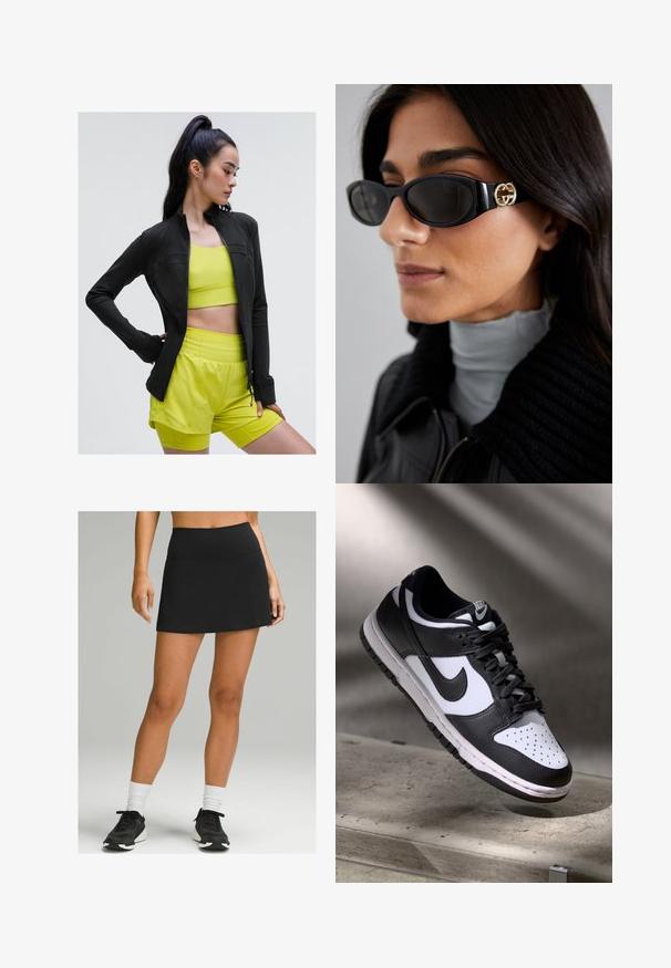 Juodas savim aptrauktas sportinis džemperis su prigludusia forma, vilkimas virš ryškiai geltono trumpam pasmegimo marškinėlio ir derančių šortų, visi pagaminti iš glotnaus, tamprios medžiagos.; Juodas be rankovių trumpas viršus su giliu V formos iškirpimu, pagamintas iš glotnaus, elastingo audinio. Yra švarus kraštas ir jokių matomų raštų ar akcentų.; Juodas sportinis sijonas su aukštu juosmeniu, pagamintas iš ištiesiogtinės medžiagos. Turi glotnią tekstūrą ir išplatintą apatinę dalį. Dėvimas su juodais sportbačiais.; Juoda ir balta Nike Dunk Low sportbačiai su odiniu viršumi, perforuotu pirštų dėklu ir juodomis raištelėmis, turintys baltą padą ir logotipo akcentus.; Juodos saulės akinius, turinčius elegantišką stačiakampį rėmą su auksiniu logotipo akcentu šone. Tamsūs lęšiai ir blizgus paviršius išsiskiria.