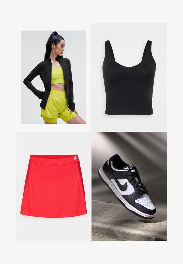 Must värvi tõmblukuga sportlik jakk, millel on keha vormiv disain, kantud erksa kollase lühikese toppi ja sobivate lühikesed pükste üle, kõik on tehtud siledast ja venivast kangast.; Mustamata avatud õlgadega lühike topp, millel on sügav V-kaelus, valmistatud siledast, venivast kangast. Omab puhtaid ääriseid ja puuduvad nähtavad mustrid või aksessuaarid.; Punane sportlik seelik, mis on valmistatud siledast, venivast kangast. Omab sobivat vöökohta ja külgõmblusi ning vöökoha peal on väike logo.; Mustvalge Nike Dunk Low tossud nahast ülaservaga, perforatsioonidega varbakoht ja mustad kengid, valge tallaga ja logo aktsentidega.