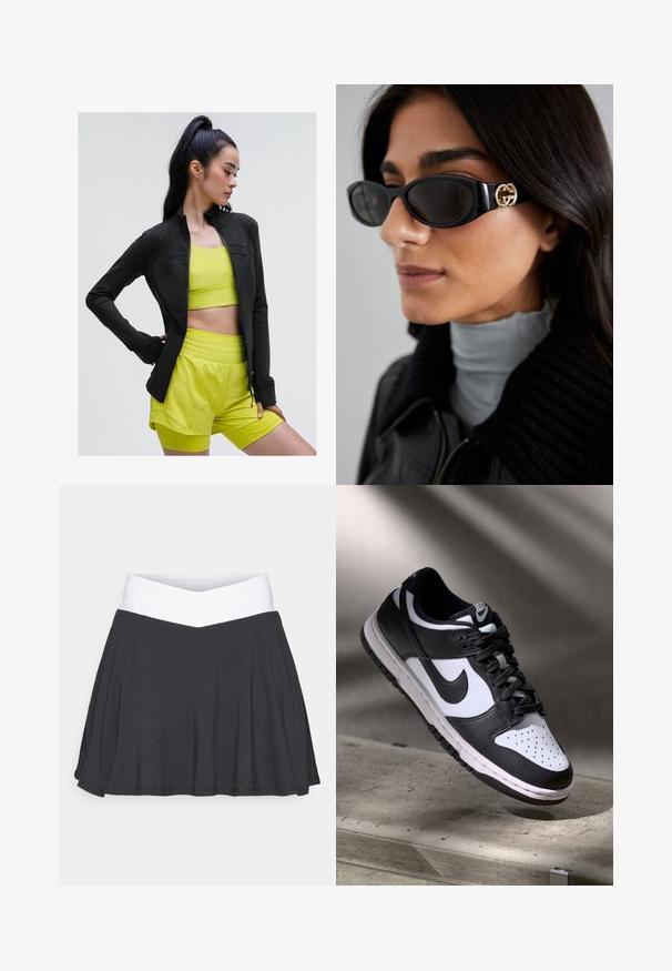 Must värvi tõmblukuga sportlik jakk, millel on keha vormiv disain, kantud erksa kollase lühikese toppi ja sobivate lühikesed pükste üle, kõik on tehtud siledast ja venivast kangast.; Mustamata avatud õlgadega lühike topp, millel on sügav V-kaelus, valmistatud siledast, venivast kangast. Omab puhtaid ääriseid ja puuduvad nähtavad mustrid või aksessuaarid.; Mustreeritud must skort, millel on valge ülekäimisega vöökoht. Valmistatud pehmest ja venivast kangast, millel on sirge kujundus ja sile tekstuur.; Mustvalge Nike Dunk Low tossud nahast ülaservaga, perforatsioonidega varbakoht ja mustad kengid, valge tallaga ja logo aktsentidega.; Mustad musternuga prillid, millel on ansamblil süsimust ristkülikukujuline raam ja külgedel kuldne logo. Tumeda objektiiviga ja läikiv viimistlus on silmatorkavad.