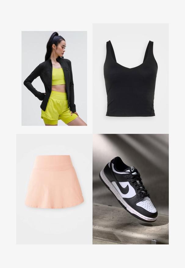 Svart zip-up träningjacka med tajt passform, bärs över en ljusgul kort topp och matchande shorts, allt i ett slätt, töjbart tyg.; Svart ärmlös croppad topp med djup V-ringning, tillverkad av mjukt, elastiskt tyg. Har en ren fåll och inga synliga mönster eller detaljer.; Persikofärgad sportkjol gjord av slät, stretchig tyg. Har en bred midja, utställd avslutning och en liten logotyp som accent på sidan.; Svart och vit Nike Dunk Low sneaker med ovandel i läder, perforerad tånbox och svarta snören, med en vit sula och logotypdetaljer.