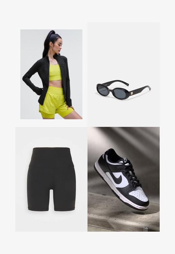 Must värvi tõmblukuga sportlik jakk, millel on keha vormiv disain, kantud erksa kollase lühikese toppi ja sobivate lühikesed pükste üle, kõik on tehtud siledast ja venivast kangast.; Mustamata avatud õlgadega lühike topp, millel on sügav V-kaelus, valmistatud siledast, venivast kangast. Omab puhtaid ääriseid ja puuduvad nähtavad mustrid või aksessuaarid.; Korkeastiistuvad mustad sportlikud lühikesed püksid, mis on valmistatud venivast kangast, omavad siledat tekstuuri, lühikest pikkust ja tugevaid õmbluse üksikasju.; Mustvalge Nike Dunk Low tossud nahast ülaservaga, perforatsioonidega varbakoht ja mustad kengid, valge tallaga ja logo aktsentidega.; Mustad musta ovaalsetes prillides tumedate läätsedega, läikiva plastikraamiga, laiad varred ning ühel küljel väike kullatooniline aktsent.