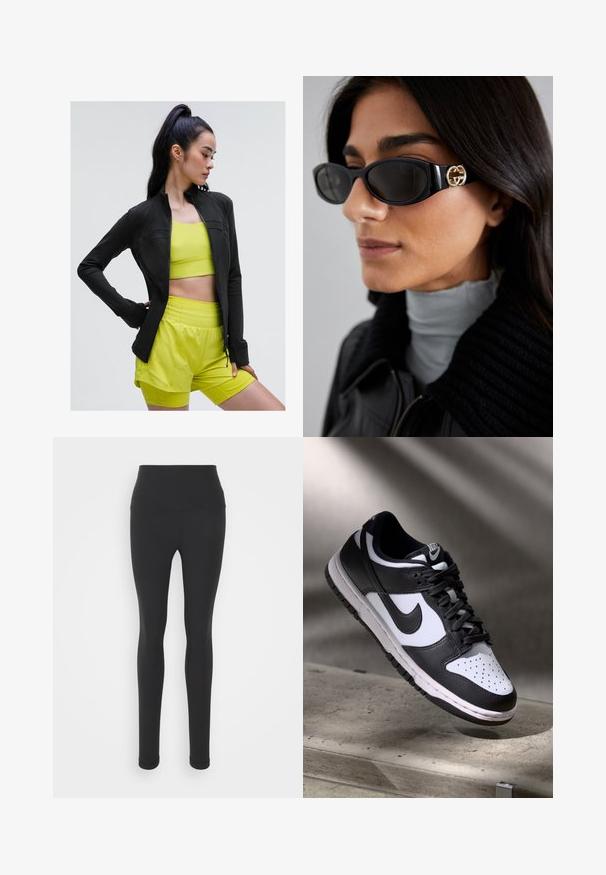 Giacca sportiva nera con zip, dal design aderente, indossata sopra un top corto giallo brillante e pantaloni coordinati, tutti realizzati in tessuto liscio e elastico.; Top corto senza maniche nero con scollatura a V profonda, realizzato in tessuto liscio ed elastico. Presenta un orlo pulito e nessun motivo o dettaglio visibile.; Leggings neri a vita alta realizzati in tessuto elasticizzato, con una superficie liscia e un design a lunghezza completa con una silhouette aderente.; Sneaker Nike Dunk Low in bianco e nero con tomaia in pelle, punta perforata e lacci neri, caratterizzata da una suola bianca e dettagli del logo.; Occhiali da sole neri con una montatura rettangolare elegante e un accento del logo dorato sul lato. Le lenti scure e la finitura lucida sono evidenti.