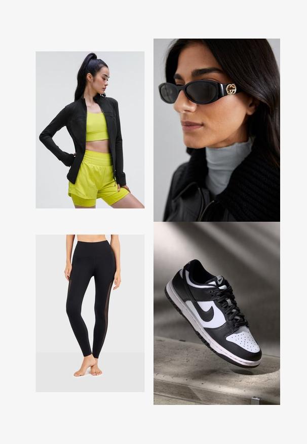 Veste de sport zippée noire au design ajusté, portée par-dessus un crop top jaune vif et un short assorti, le tout en tissu lisse et extensible.; Top court sans manches noir avec un décolleté en V profond, fabriqué dans un tissu lisse et extensible. Présente un ourlet propre et aucun motif ni accent visible.; Leggings noirs avec une taille haute, featuring des panneaux latéraux en maille transparente. Fabriqués à partir d'un matériau extensible, conçus pour le confort et la flexibilité.; Sneaker Nike Dunk Low en noir et blanc avec tige en cuir, boîte à orteils perforée et lacets noirs, dotée d'une semelle blanche et d'accents de logo.; Lunettes de soleil noires avec une monture rectangulaire élégante et un accent logo doré sur le côté. Les verres sombres et la finition brillante sont proéminents.