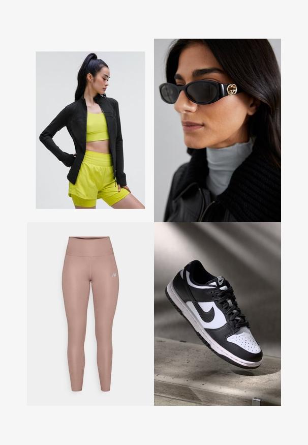 Zwarte sportjack met rits in een aansluitend ontwerp, gedragen over een heldergele cropped top en bijpassende shorts, allemaal gemaakt van gladde, rekbare stof.; Zwart sans-mouwen crop top met een diepe V-hals, gemaakt van gladde, rekbare stof. Heeft een nette zoom en geen zichtbare patronen of accenten.; New Balance HARMONY HIGH RISE - Tights - earth shadow; Zwart-witte Nike Dunk Low sneaker met een leren bovenwerk, geperforeerde neus, en zwarte veters, met een witte zool en logo-accenten.; Zwarte zonnebril met een stijlvolle rechthoekige montuur en een gouden logo-accent aan de zijkant. Donkere lenzen en een glanzende afwerking zijn opvallend.