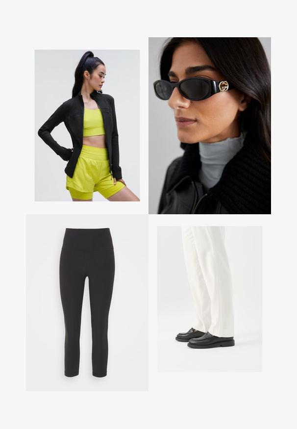Must värvi tõmblukuga sportlik jakk, millel on keha vormiv disain, kantud erksa kollase lühikese toppi ja sobivate lühikesed pükste üle, kõik on tehtud siledast ja venivast kangast.; Mustamata avatud õlgadega lühike topp, millel on sügav V-kaelus, valmistatud siledast, venivast kangast. Omab puhtaid ääriseid ja puuduvad nähtavad mustrid või aksessuaarid.; Mustad, tihedad legginsid venivast kangast, kõrge vöökoht ja sile, mati tekstuur, ilma mustrite või kaunistusteta.; Mustad musta nahast loafers, millel on sile tekstuur, õmblustäiendused ja ümar nina, koos valgete kohandatud pükstega.; Mustad musternuga prillid, millel on ansamblil süsimust ristkülikukujuline raam ja külgedel kuldne logo. Tumeda objektiiviga ja läikiv viimistlus on silmatorkavad.