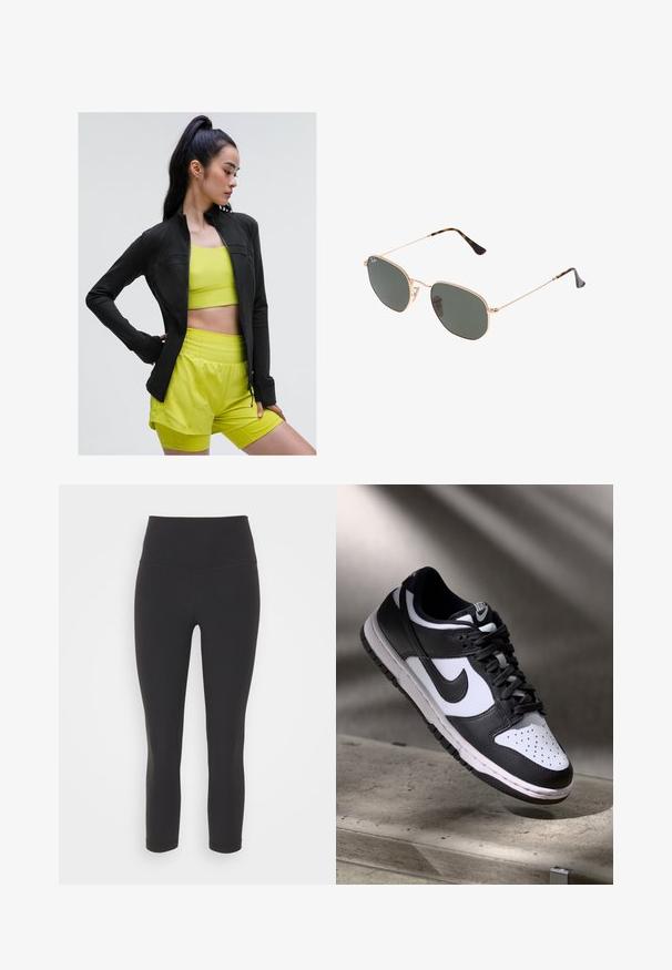 Chaqueta deportiva negra con cierre y diseño ajustado, llevada sobre un top corto amarillo brillante y pantalones cortos a juego, todo hecho de tela suave y elástica.; Top corto negro sin mangas con un escote en V profundo, hecho de una tela suave y elástica. Presenta un dobladillo limpio y sin patrones ni acentos visibles.; Leggings negros ajustados, hechos de una tela elástica, que presentan una cinturilla alta y una textura suave y mate, sin patrones ni adornos.; Zapatilla Nike Dunk Low en blanco y negro con parte superior de cuero, caja de dedos perforada y cordones negros, que cuenta con una suela blanca y acentos de logo.; Gafas de sol de metal dorado con lentes verde oscuro, estilo aviador, con patillas delgadas y acentos de carey en los extremos.