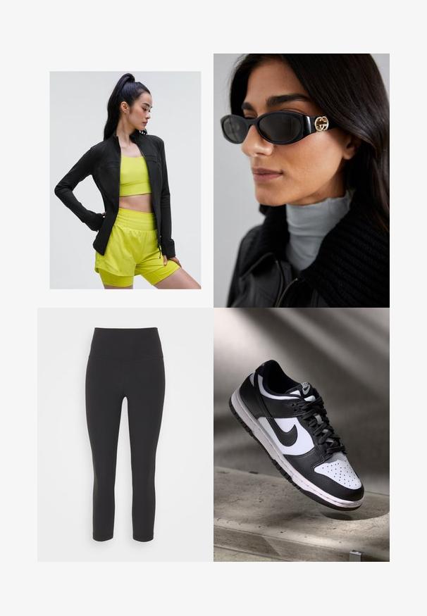 Zwarte sportjack met rits in een aansluitend ontwerp, gedragen over een heldergele cropped top en bijpassende shorts, allemaal gemaakt van gladde, rekbare stof.; Zwart sans-mouwen crop top met een diepe V-hals, gemaakt van gladde, rekbare stof. Heeft een nette zoom en geen zichtbare patronen of accenten.; Zwarte, aansluitende leggings van rekbaar materiaal, met een hoge tailleband en een gladde, matte textuur, zonder patronen of versieringen.; Zwart-witte Nike Dunk Low sneaker met een leren bovenwerk, geperforeerde neus, en zwarte veters, met een witte zool en logo-accenten.; Zwarte zonnebril met een stijlvolle rechthoekige montuur en een gouden logo-accent aan de zijkant. Donkere lenzen en een glanzende afwerking zijn opvallend.