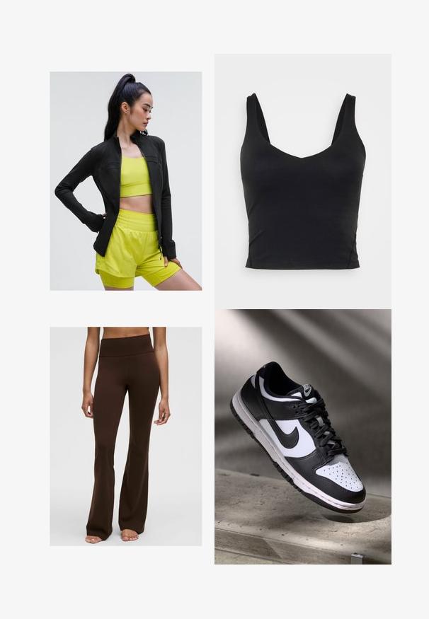 Svart zip-up träningjacka med tajt passform, bärs över en ljusgul kort topp och matchande shorts, allt i ett slätt, töjbart tyg.; Svart ärmlös croppad topp med djup V-ringning, tillverkad av mjukt, elastiskt tyg. Har en ren fåll och inga synliga mönster eller detaljer.; Bruna utsvängda byxor i stretchigt tyg, med hög midja och slät yta, som har en figurnära överdel och en utvändig design nedtill.; Svart och vit Nike Dunk Low sneaker med ovandel i läder, perforerad tånbox och svarta snören, med en vit sula och logotypdetaljer.