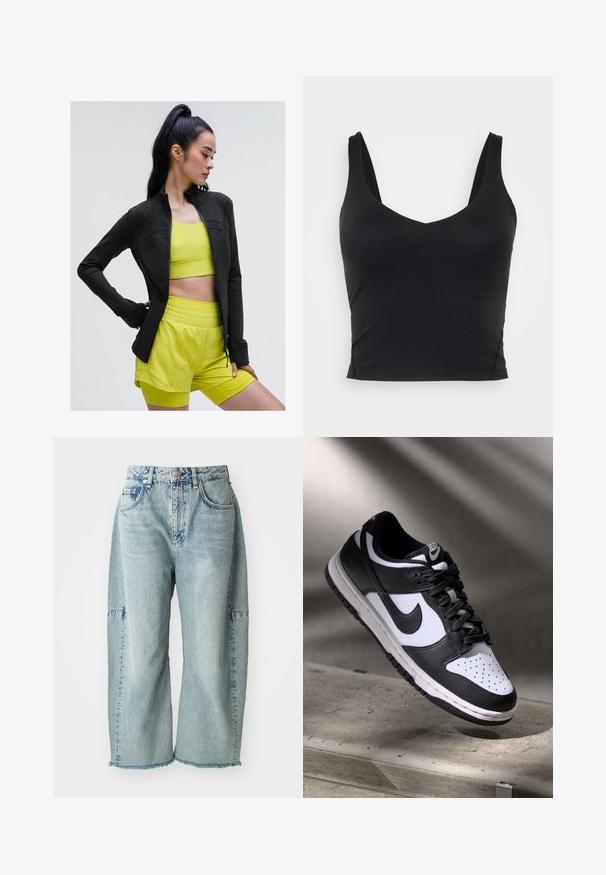 Jachetă sport neagră cu fermoar, cu un design ajustat, purtată peste un top scurt galben strălucitor și pantaloni scurți asortați, toate realizate dintr-un material neted și elastic.; Crop top negru fără mâneci, cu un decolteu adânc în V, realizat dintr-un material neted și elastic. Are un tiv curat și fără modele sau accente vizibile.; Jeans din denim de culoare albastru deschis prezintă un design cu picioare largi, margini desfăcute și accente de patchwork. Fabricate dintr-un material din bumbac moale și texturat.; Pantofii Nike Dunk Low în alb și negru, cu partea superioară din piele, cutie a degetelor perforată și șireturi negre, având o talpă albă și accente cu logo.