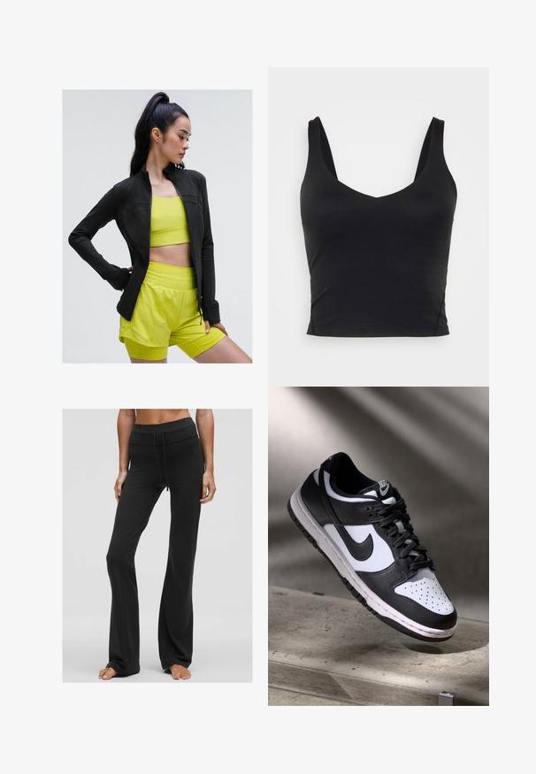 Crna sportska jakna s patentnim zatvaračem u prilagođenom dizajnu, nosi se preko svijetlo žute kratke majice i odgovarajućih kratkih hlača, sve od glatkog, rastezljivog materijala.; Crna bez rukava uska majica s dubokim V-izrezom, izrađena od glatkog, rastezljivog materijala. Ima čist rub i bez vidljivih uzoraka ili dodataka.; Crne široke hlače izrađene od glatkog, rastezljivog materijala. Imaju široki pojas s vezicom i uski kroj od struka do koljena.; Crno-bijeli Nike Dunk Low tenisice s kožnim gornjištem, perforiranim prednjim dijelom, crnim vezicama, s bijelim đonom i logom.