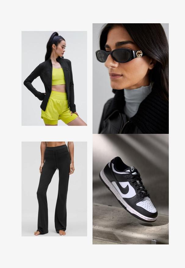 Melnā atlētiskā jaka ar rāvējslēdzēju, pieguļošā dizainā, uzvilkta virs spilgti dzeltena kroptapa un saskaņotiem šortiem, viss izgatavots no gludas, elastīgas auduma.; Melna bez piedurknēm korta blūze ar dziļu V veida kakla izgriezumu, izgatavota no gludas, elastīgas auduma. Iezīmēta ar tīru apdari un bez redzamām rakstām vai akcentiem.; Melnas platās bikses, izgatavotas no gluda, elastīga materiāla. Aprīkotas ar plašu jostasvietu ar auklu un pieguļošu siluetu no jostas līdz ceļgaliem.; Melnbaltas Nike Dunk Low sporta apavi ar ādas augšdaļu, caurdurta pirkstu kaste un melnām šņorēm, ar baltu zoli un logo akcentiem.; Melni saulesbrilles ar gludu taisnstūra formu un zelta logo akcentu uz sāna. Tumši objektīvi un spīdīga apdare ir izceltas.