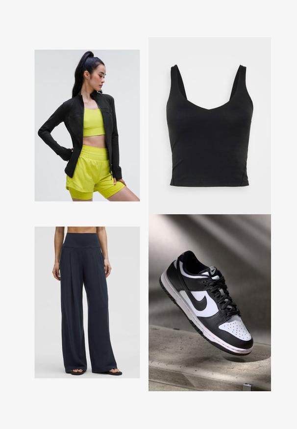 Crna sportska jakna s patentnim zatvaračem u prilagođenom dizajnu, nosi se preko svijetlo žute kratke majice i odgovarajućih kratkih hlača, sve od glatkog, rastezljivog materijala.; Crna bez rukava uska majica s dubokim V-izrezom, izrađena od glatkog, rastezljivog materijala. Ima čist rub i bez vidljivih uzoraka ili dodataka.; Žena stoji u visokim širokim tamnim hlačama u kombinaciji s sandalama, pokazujući udoban, ležeran stil.; Crno-bijeli Nike Dunk Low tenisice s kožnim gornjištem, perforiranim prednjim dijelom, crnim vezicama, s bijelim đonom i logom.