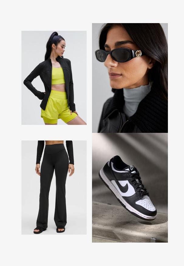 Must värvi tõmblukuga sportlik jakk, millel on keha vormiv disain, kantud erksa kollase lühikese toppi ja sobivate lühikesed pükste üle, kõik on tehtud siledast ja venivast kangast.; Mustamata avatud õlgadega lühike topp, millel on sügav V-kaelus, valmistatud siledast, venivast kangast. Omab puhtaid ääriseid ja puuduvad nähtavad mustrid või aksessuaarid.; Mustad laiad püksid, mis on valmistatud venivast kangast ja millel on kõrge vöökoht. Sile tekstuur, minimaalne õmblus, kantud mustade libisemis sandaalidega.; Mustvalge Nike Dunk Low tossud nahast ülaservaga, perforatsioonidega varbakoht ja mustad kengid, valge tallaga ja logo aktsentidega.; Mustad musternuga prillid, millel on ansamblil süsimust ristkülikukujuline raam ja külgedel kuldne logo. Tumeda objektiiviga ja läikiv viimistlus on silmatorkavad.