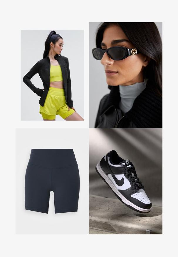 Sort zip-up træningsjakke med tætsiddende design, båret over en lys gul cropped top og matchende shorts, alle lavet af glat, strækbart stof.; Sort ærmeløs crop top med dyb V-udskæring, lavet af glat, strækbart stof. Har en ren kant og ingen synlige mønstre eller detaljer.; Mørkeblå højtaljede atletiske shorts lavet af strækbart materiale, med en glat struktur og kontrasterende syninger langs sømmene.; Sorthvid Nike Dunk Low sneakers med læderoverdel, perforeret tåboks og sorte snørebånd, udstyret med en hvid sål og logo accenter.; Sorte solbriller med en strømlinet rektangulær ramme og en guld logoaccent på siden. Mørke linser og blank overflade er fremtrædende.