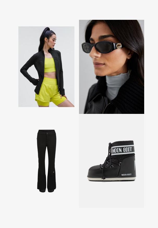 Veste de sport zippée noire au design ajusté, portée par-dessus un crop top jaune vif et un short assorti, le tout en tissu lisse et extensible.; Top court sans manches noir avec un décolleté en V profond, fabriqué dans un tissu lisse et extensible. Présente un ourlet propre et aucun motif ni accent visible.; Pantalons de neige noirs au design épuré, fabriqués à partir de tissu durable. Dotés de poches zippées et de poignets élastiques aux jambes avec détail du logo de la marque.; Bottes de lune noires avec un dessus rembourré, maintenues par des lacets et une bande blanche distinctive portant le logo. Semelle en caoutchouc épaisse et texturée.; Lunettes de soleil noires avec une monture rectangulaire élégante et un accent logo doré sur le côté. Les verres sombres et la finition brillante sont proéminents.