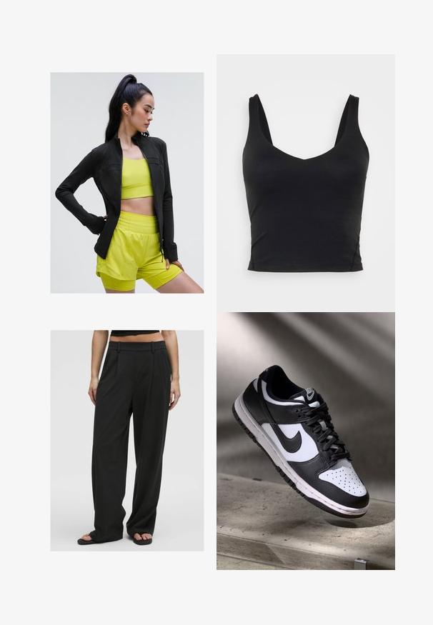 Chaqueta deportiva negra con cierre y diseño ajustado, llevada sobre un top corto amarillo brillante y pantalones cortos a juego, todo hecho de tela suave y elástica.; Top corto negro sin mangas con un escote en V profundo, hecho de una tela suave y elástica. Presenta un dobladillo limpio y sin patrones ni acentos visibles.; Pantalones de pierna ancha negros con textura suave, cintura alta, pinzas frontales y presillas para cinturón, con un diseño entallado y sin patrones visibles.; Zapatilla Nike Dunk Low en blanco y negro con parte superior de cuero, caja de dedos perforada y cordones negros, que cuenta con una suela blanca y acentos de logo.