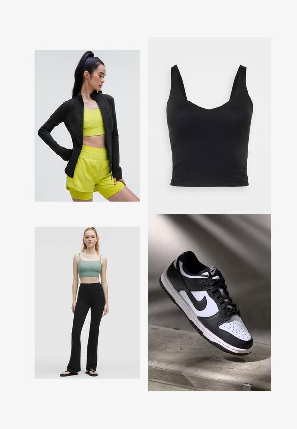 Schwarze, zipfelige Sportjacke mit figurbetontem Design, getragen über einem hellgelben, kurz geschnittenen Top und passenden Shorts, alles aus glattem, dehnbarem Material.; Schwarzes ärmelloses Crop-Top mit tiefem V-Ausschnitt, aus glattem, elastischem Stoff gefertigt. Verfügt über einen sauberen Saum und keine sichtbaren Muster oder Akzente.; Grünes geripptes Crop-Top mit dünnen Trägern, kombiniert mit hochgeschnittenen schwarzen Schlaghosen und schwarzen Flip-Flops vor einem neutralen Hintergrund.; Schwarz-weißer Nike Dunk Low Sneaker mit Lederobermaterial, perforiertem Zehenbereich und schwarzen Schnürsenkeln, ausgestattet mit einer weißen Sohle und Logo-Akzenten.