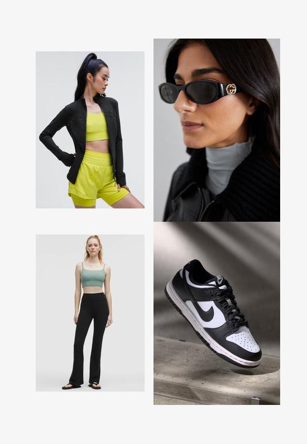 Zwarte sportjack met rits in een aansluitend ontwerp, gedragen over een heldergele cropped top en bijpassende shorts, allemaal gemaakt van gladde, rekbare stof.; Zwart sans-mouwen crop top met een diepe V-hals, gemaakt van gladde, rekbare stof. Heeft een nette zoom en geen zichtbare patronen of accenten.; Groene geribbelde crop top met dunne bandjes, gecombineerd met hoge zwarte flared leggings en zwarte slippers op een neutrale achtergrond.; Zwart-witte Nike Dunk Low sneaker met een leren bovenwerk, geperforeerde neus, en zwarte veters, met een witte zool en logo-accenten.; Zwarte zonnebril met een stijlvolle rechthoekige montuur en een gouden logo-accent aan de zijkant. Donkere lenzen en een glanzende afwerking zijn opvallend.