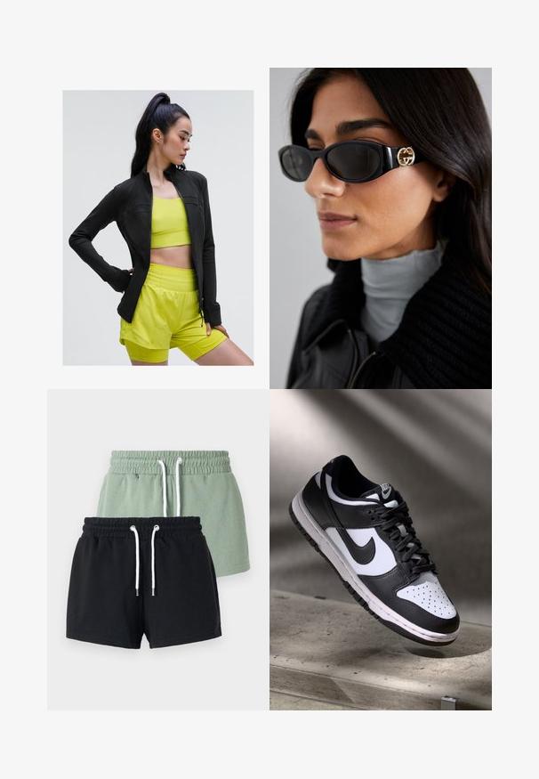 Jachetă sport neagră cu fermoar, cu un design ajustat, purtată peste un top scurt galben strălucitor și pantaloni scurți asortați, toate realizate dintr-un material neted și elastic.; Crop top negru fără mâneci, cu un decolteu adânc în V, realizat dintr-un material neted și elastic. Are un tiv curat și fără modele sau accente vizibile.; Două perechi de pantaloni scurți: una verde deschis și una neagră. Ambele au un elastic la talie, șnur de ajustare și sunt fabricate dintr-un material de bumbac moale.; Pantofii Nike Dunk Low în alb și negru, cu partea superioară din piele, cutie a degetelor perforată și șireturi negre, având o talpă albă și accente cu logo.; Ochelari de soare negri, cu un cadru rectangular elegant și un accent cu logo auriu pe lateral. Lentile întunecate și finisaj lucios sunt proeminente.