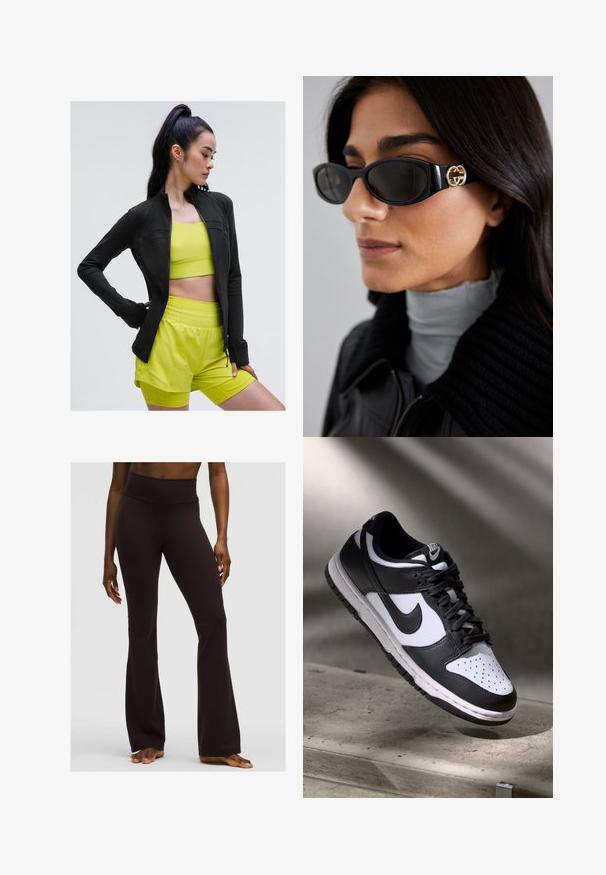 Czarna sportowa kurtka zapinana na zamek o dopasowanym kroju, noszona na jasną żółtą bluzkę z krótkim rękawem i dopasowane szorty, wszystko wykonane z gładkiego, elastycznego materiału.; Czarna bezrękawnikowa bluzka crop top z głębokim dekoltem w kształcie litery V, wykonana z gładkiego, elastycznego materiału. Posiada czyste wykończenie i brak widocznych wzorów czy akcentów.; Czarne, rozszerzane legginsy do jogi z wysokim pasem, wykonane z elastycznego materiału zapewniającego gładką teksturę i dopasowany krój.; Czarno-białe sneakersy Nike Dunk Low z cholewką skórzaną, perforowanym noskiem i czarnymi sznurowadłami, z białą podeszwą i akcentami logo.; Czarne okulary przeciwsłoneczne o eleganckim, prostokątnym kształcie z logo w kolorze złotym na boku. Ciemne soczewki i błyszczące wykończenie są wyraźnie widoczne.