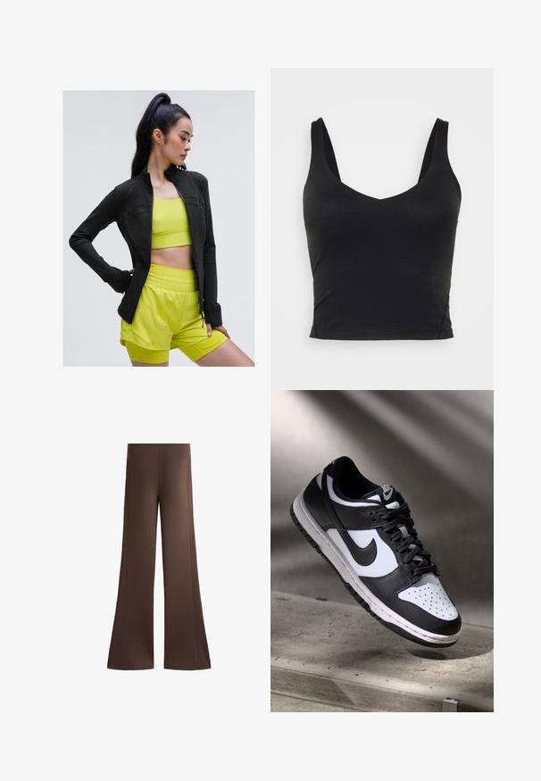 Svart zip-up träningjacka med tajt passform, bärs över en ljusgul kort topp och matchande shorts, allt i ett slätt, töjbart tyg.; Svart ärmlös croppad topp med djup V-ringning, tillverkad av mjukt, elastiskt tyg. Har en ren fåll och inga synliga mönster eller detaljer.; Bruna vida byxor i slät tyg, med sidosömmar och avslappnad passform, samt utsvängt slut för en flödande silhuett.; Svart och vit Nike Dunk Low sneaker med ovandel i läder, perforerad tånbox och svarta snören, med en vit sula och logotypdetaljer.