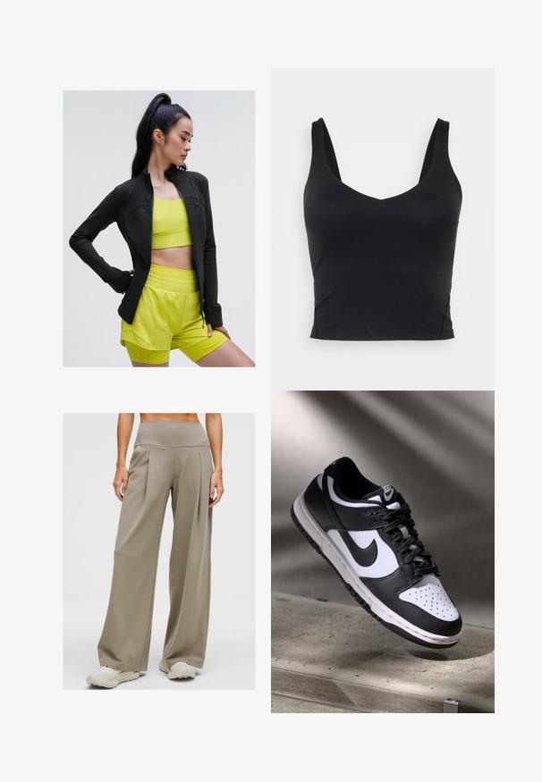 Czarna sportowa kurtka zapinana na zamek o dopasowanym kroju, noszona na jasną żółtą bluzkę z krótkim rękawem i dopasowane szorty, wszystko wykonane z gładkiego, elastycznego materiału.; Czarna bezrękawnikowa bluzka crop top z głębokim dekoltem w kształcie litery V, wykonana z gładkiego, elastycznego materiału. Posiada czyste wykończenie i brak widocznych wzorów czy akcentów.; Kobieta nosząca wysokie, szerokie spodenki w kolorze taupe, zestawione z białymi trampkami, stojąca na jednolitym jasnym tle.; Czarno-białe sneakersy Nike Dunk Low z cholewką skórzaną, perforowanym noskiem i czarnymi sznurowadłami, z białą podeszwą i akcentami logo.