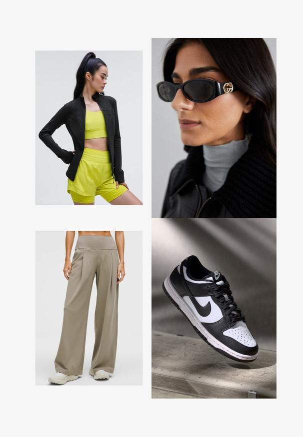 Melnā atlētiskā jaka ar rāvējslēdzēju, pieguļošā dizainā, uzvilkta virs spilgti dzeltena kroptapa un saskaņotiem šortiem, viss izgatavots no gludas, elastīgas auduma.; Melna bez piedurknēm korta blūze ar dziļu V veida kakla izgriezumu, izgatavota no gludas, elastīgas auduma. Iezīmēta ar tīru apdari un bez redzamām rakstām vai akcentiem.; Sieviete valkā augsto jostasviju, platās kāju taupe bikses, saskaņotas ar baltām čībām, stāvot pret vienkāršu gaišu fonu.; Melnbaltas Nike Dunk Low sporta apavi ar ādas augšdaļu, caurdurta pirkstu kaste un melnām šņorēm, ar baltu zoli un logo akcentiem.; Melni saulesbrilles ar gludu taisnstūra formu un zelta logo akcentu uz sāna. Tumši objektīvi un spīdīga apdare ir izceltas.