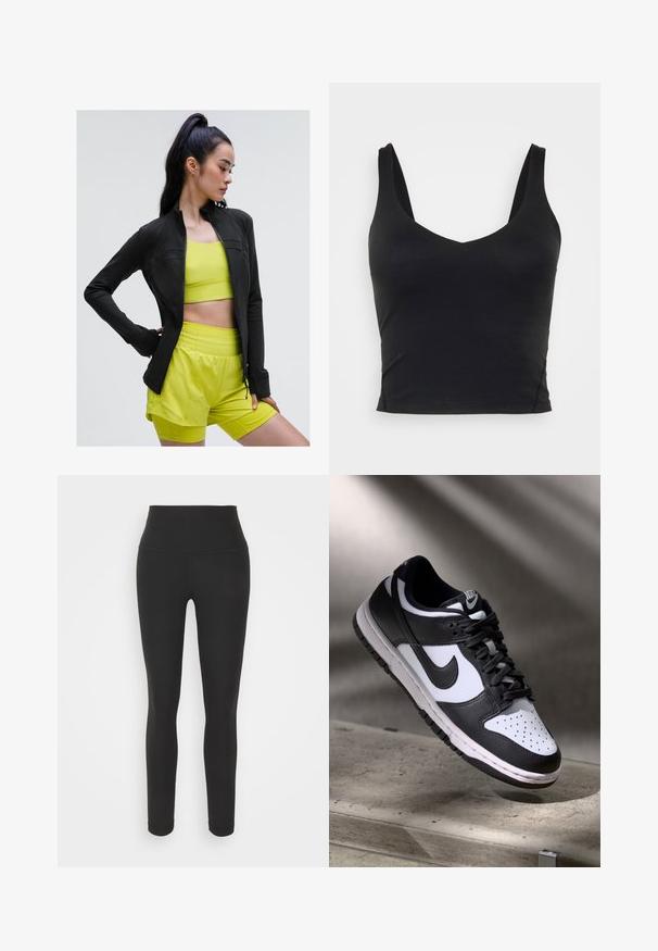 Černá sportovní bunda na zip s přiléhavým střihem, nošená přes jasně žlutý crop top a odpovídající šortky, vše vyrobené z hladké, elastické tkaniny.; Černý bezrukávový crop top s hlubokým výstřihem do V, vyrobený z hladkého, elastického materiálu. Má čistý lem a žádné viditelné vzory ani akcenty.; Černé elastické legíny s vysokým pasem, žebrovanou texturou a přiléhavým střihem. Žádné viditelné vzory ani hardwarové detaily.; Černobílé tenisky Nike Dunk Low s koženým svrškem, perforovanou špičkou a černými tkaničkami, s bílou podrážkou a akcenty loga.