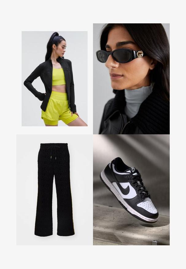 Juodas savim aptrauktas sportinis džemperis su prigludusia forma, vilkimas virš ryškiai geltono trumpam pasmegimo marškinėlio ir derančių šortų, visi pagaminti iš glotnaus, tamprios medžiagos.; Juodas be rankovių trumpas viršus su giliu V formos iškirpimu, pagamintas iš glotnaus, elastingo audinio. Yra švarus kraštas ir jokių matomų raštų ar akcentų.; Juodos kelnės su tekstūruotu audiniu ir "VERSACE" logotipo raštu, su raišteliu reguliuojamu liemeniu ir geltonomis šoninėmis detalėmis. Platėjanti kojų konstrukcija.; Juoda ir balta Nike Dunk Low sportbačiai su odiniu viršumi, perforuotu pirštų dėklu ir juodomis raištelėmis, turintys baltą padą ir logotipo akcentus.; Juodos saulės akinius, turinčius elegantišką stačiakampį rėmą su auksiniu logotipo akcentu šone. Tamsūs lęšiai ir blizgus paviršius išsiskiria.