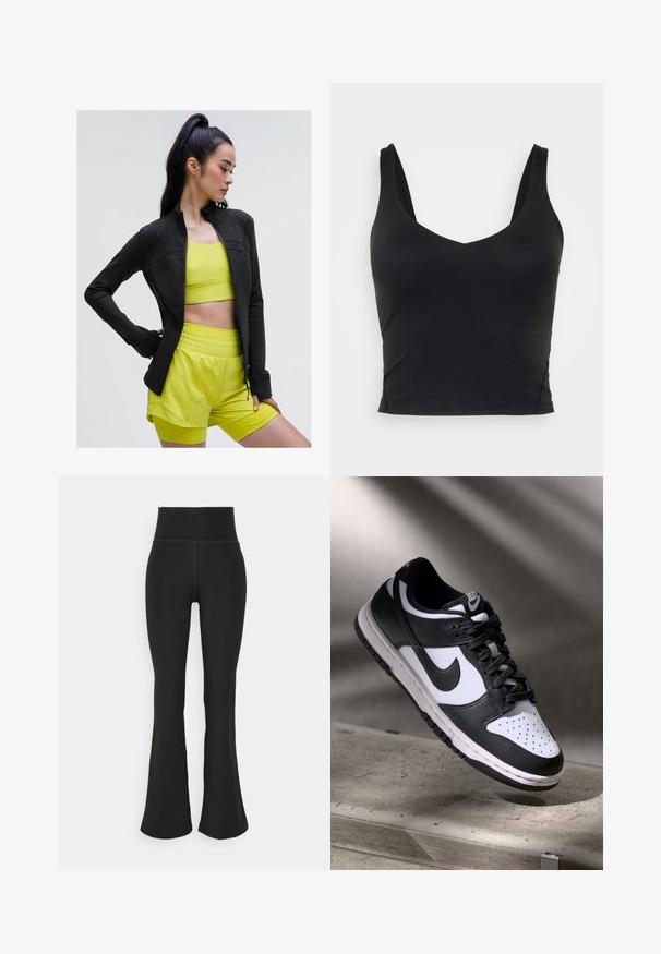 Zwarte sportjack met rits in een aansluitend ontwerp, gedragen over een heldergele cropped top en bijpassende shorts, allemaal gemaakt van gladde, rekbare stof.; Zwart sans-mouwen crop top met een diepe V-hals, gemaakt van gladde, rekbare stof. Heeft een nette zoom en geen zichtbare patronen of accenten.; Zwarte flared leggings met een hoge tailleband, gemaakt van rekbaar materiaal. Gladde textuur met minimale stikdetails.; Zwart-witte Nike Dunk Low sneaker met een leren bovenwerk, geperforeerde neus, en zwarte veters, met een witte zool en logo-accenten.