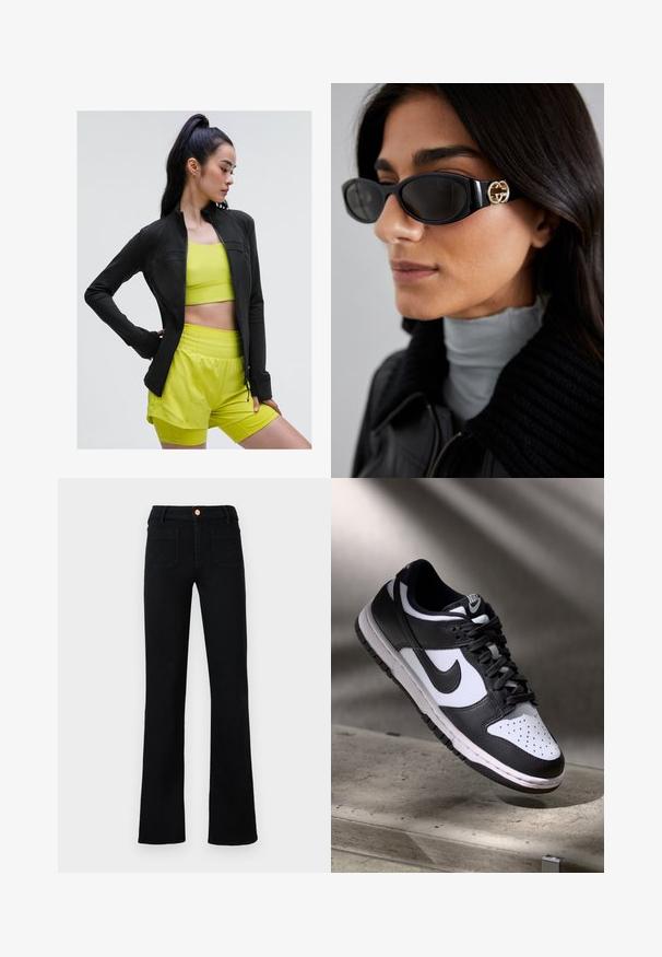 Sort zip-up træningsjakke med tætsiddende design, båret over en lys gul cropped top og matchende shorts, alle lavet af glat, strækbart stof.; Sort ærmeløs crop top med dyb V-udskæring, lavet af glat, strækbart stof. Har en ren kant og ingen synlige mønstre eller detaljer.; Sorte højtaljede lige ben jeans med frontlomme og kobberknaplukning på en neutral baggrund.; Sorthvid Nike Dunk Low sneakers med læderoverdel, perforeret tåboks og sorte snørebånd, udstyret med en hvid sål og logo accenter.; Sorte solbriller med en strømlinet rektangulær ramme og en guld logoaccent på siden. Mørke linser og blank overflade er fremtrædende.