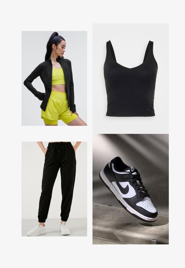 Zwarte sportjack met rits in een aansluitend ontwerp, gedragen over een heldergele cropped top en bijpassende shorts, allemaal gemaakt van gladde, rekbare stof.; Zwart sans-mouwen crop top met een diepe V-hals, gemaakt van gladde, rekbare stof. Heeft een nette zoom en geen zichtbare patronen of accenten.; Zwarte joggingsbroek van een zachte katoenmix, met een elastische tailleband, zijzakken en toelopende enkels. Gecombineerd met witte sneakers.; Zwart-witte Nike Dunk Low sneaker met een leren bovenwerk, geperforeerde neus, en zwarte veters, met een witte zool en logo-accenten.