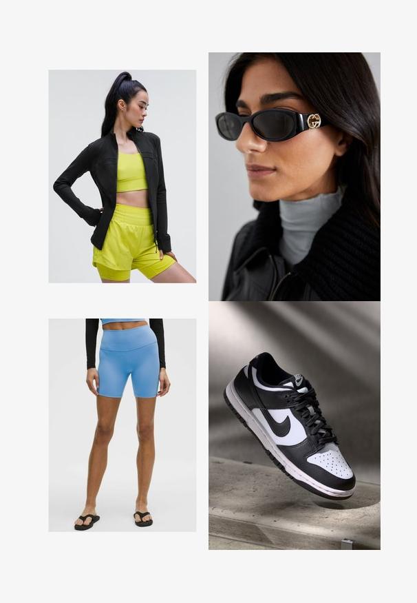 Schwarze, zipfelige Sportjacke mit figurbetontem Design, getragen über einem hellgelben, kurz geschnittenen Top und passenden Shorts, alles aus glattem, dehnbarem Material.; Schwarzes ärmelloses Crop-Top mit tiefem V-Ausschnitt, aus glattem, elastischem Stoff gefertigt. Verfügt über einen sauberen Saum und keine sichtbaren Muster oder Akzente.; Hellblaue Sportshorts aus glattem, elastischem Material. Mit hoher Taille und figurbetontem Schnitt, kombiniert mit schwarzen Flip-Flops.; Schwarz-weißer Nike Dunk Low Sneaker mit Lederobermaterial, perforiertem Zehenbereich und schwarzen Schnürsenkeln, ausgestattet mit einer weißen Sohle und Logo-Akzenten.; Schwarze Sonnenbrille mit einem schlanken rechteckigen Rahmen und einem goldenen Logo-Akzent an der Seite. Dunkle Gläser und glänzende Oberfläche sind auffällig.