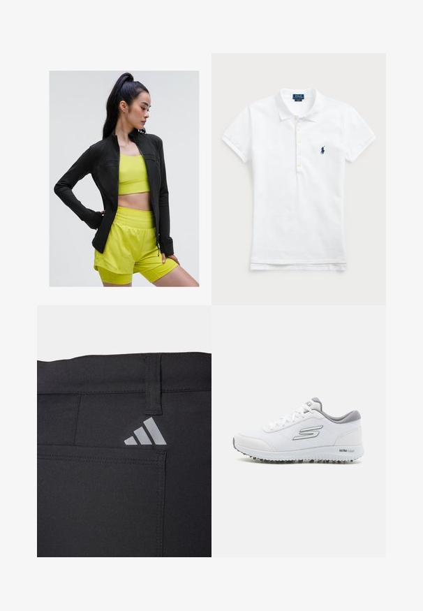 Crna sportska jakna s patentnim zatvaračem u prilagođenom dizajnu, nosi se preko svijetlo žute kratke majice i odgovarajućih kratkih hlača, sve od glatkog, rastezljivog materijala.; Bijela pamučna polo majica s klasičnim ovratnikom, kratkim rukavima i na lijevoj strani prsa brodnim logom u tamnoplavoj boji. Pet gumbića.; Crne atletske hlače glatke teksture, s džepom i sivim Adidas logotipom na stražnjoj strani. Podesivi pojas.; Bijele sportske tenisice s teksturiranim mrežastim gornjim dijelom, srebrnim akcentima i laganom suprotnošću s malim bravama za prijanjanje, označene 'ULTRA FLIGHT'.