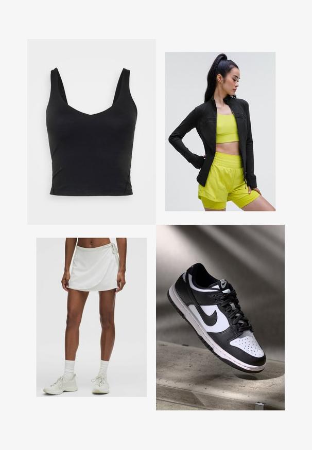 Sort zip-up træningsjakke med tætsiddende design, båret over en lys gul cropped top og matchende shorts, alle lavet af glat, strækbart stof.; Sort ærmeløs crop top med dyb V-udskæring, lavet af glat, strækbart stof. Har en ren kant og ingen synlige mønstre eller detaljer.; Hvid atletisk skorts med en omslagdesignet, lavet af glat stof. Har en snøre i siden og er parret med lyse sneakers og sokker.; Sorthvid Nike Dunk Low sneakers med læderoverdel, perforeret tåboks og sorte snørebånd, udstyret med en hvid sål og logo accenter.
