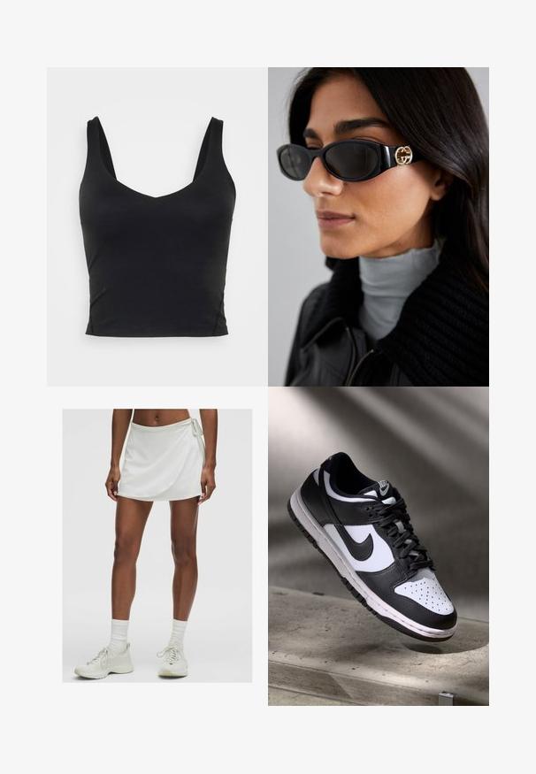 Must värvi tõmblukuga sportlik jakk, millel on keha vormiv disain, kantud erksa kollase lühikese toppi ja sobivate lühikesed pükste üle, kõik on tehtud siledast ja venivast kangast.; Mustamata avatud õlgadega lühike topp, millel on sügav V-kaelus, valmistatud siledast, venivast kangast. Omab puhtaid ääriseid ja puuduvad nähtavad mustrid või aksessuaarid.; Valge sportlik seelik-korts, millel on mähise disain ja mis on valmistatud sileda kangaga. Omab küljes lipsu ning on paaritatud heledate spordikingade ja sokkidega.; Mustvalge Nike Dunk Low tossud nahast ülaservaga, perforatsioonidega varbakoht ja mustad kengid, valge tallaga ja logo aktsentidega.; Mustad musternuga prillid, millel on ansamblil süsimust ristkülikukujuline raam ja külgedel kuldne logo. Tumeda objektiiviga ja läikiv viimistlus on silmatorkavad.