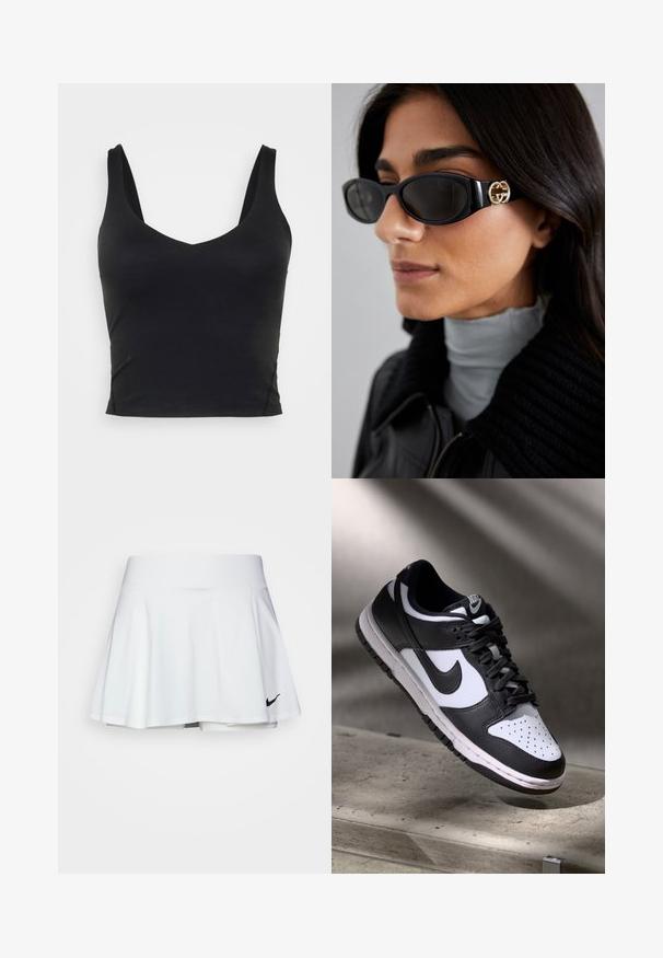 Zwarte sportjack met rits in een aansluitend ontwerp, gedragen over een heldergele cropped top en bijpassende shorts, allemaal gemaakt van gladde, rekbare stof.; Zwart sans-mouwen crop top met een diepe V-hals, gemaakt van gladde, rekbare stof. Heeft een nette zoom en geen zichtbare patronen of accenten.; Witte sportrok met een uitlopende design, elastische tailleband en ingebouwde shorts. Bevat een klein zwart Nike-logo rechts onderaan.; Zwart-witte Nike Dunk Low sneaker met een leren bovenwerk, geperforeerde neus, en zwarte veters, met een witte zool en logo-accenten.; Zwarte zonnebril met een stijlvolle rechthoekige montuur en een gouden logo-accent aan de zijkant. Donkere lenzen en een glanzende afwerking zijn opvallend.