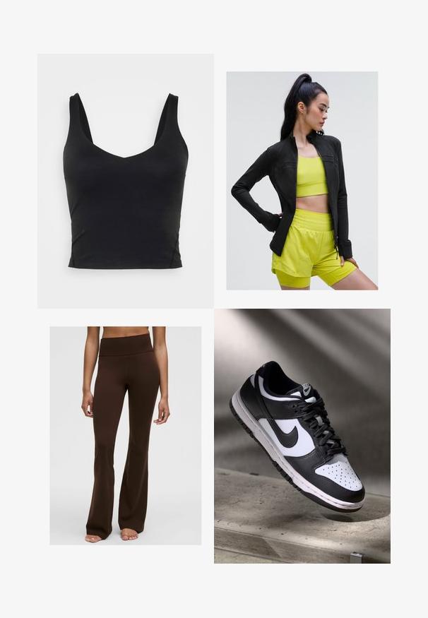 Zwarte sportjack met rits in een aansluitend ontwerp, gedragen over een heldergele cropped top en bijpassende shorts, allemaal gemaakt van gladde, rekbare stof.; Zwart sans-mouwen crop top met een diepe V-hals, gemaakt van gladde, rekbare stof. Heeft een nette zoom en geen zichtbare patronen of accenten.; Bruine flared pants van rekbaar materiaal, met een hoge tailleband en een gladde textuur. De broek heeft een aangesloten bovenkant en een flare ontwerp aan de onderkant van de broekspijpen.; Zwart-witte Nike Dunk Low sneaker met een leren bovenwerk, geperforeerde neus, en zwarte veters, met een witte zool en logo-accenten.