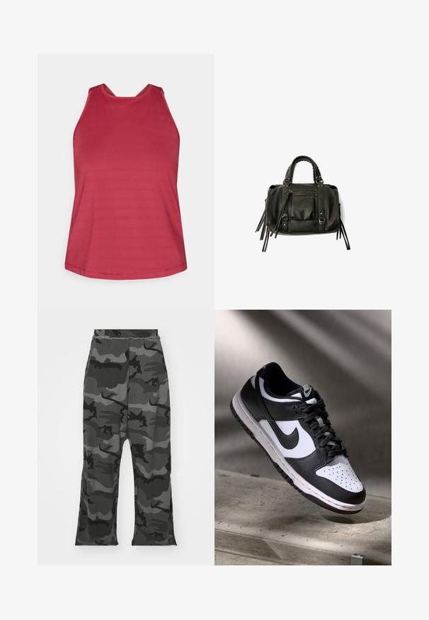 Zwarte sportjack met rits in een aansluitend ontwerp, gedragen over een heldergele cropped top en bijpassende shorts, allemaal gemaakt van gladde, rekbare stof.; Rode mouwloze sporttop met een hoge halslijn en gaaspanelen op de schouders, ontworpen voor vrouwen.; Camo joggers in zwart- en grijstinten, met een elastische tailleband, een ruime pasvorm en lichte spltits aan de onderkant van de benen.; Zwart-witte Nike Dunk Low sneaker met een leren bovenwerk, geperforeerde neus, en zwarte veters, met een witte zool en logo-accenten.; Zwarte lederen handtas met gevlochten handvatten, ritsvak en hangende franjes. Gelaagde oppervlakte met metalen studs en hardwareaccenten.