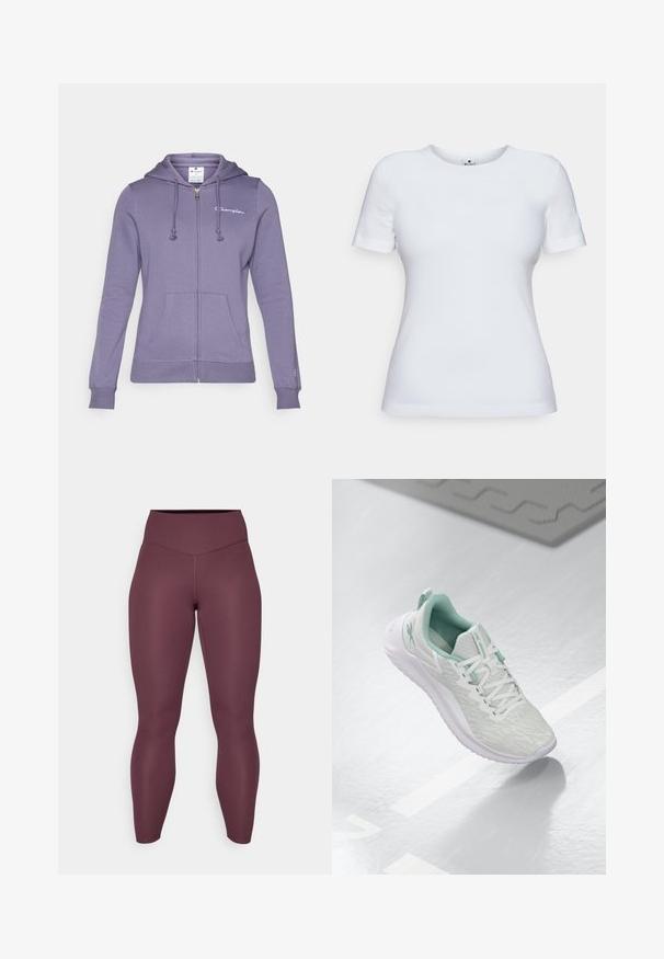 Violeta zip-up kapuce ar mīkstu kokvilnas maisījumu, ar regulējamu kapuci, priekšējām kabatām un mazu logotipu uz krūtīm. Gluda tekstūra un pieguļošs dizains.; Balts īsām piedurknēm t-krekls, kas izgatavots no kokvilnas, ar apaļu kakla izgriezumu un pieguļošu piegriezumu. Nav redzami nekādi raksti vai akcenti.; Bordo legingi, kas izgatavoti no elastīga auduma; augsta jostasvieta, pieguļošs dizains, gluda tekstūra, bezšuvju šuvju izpilde un bez redzamām rakstām vai akcentiem.; Gaišpelēka sporta apava ar teksturētu trikotāžas augšu, mentolzaļiem akcentiem, baltām šņorēm, gumijas zoli un cilpu uz papēža.