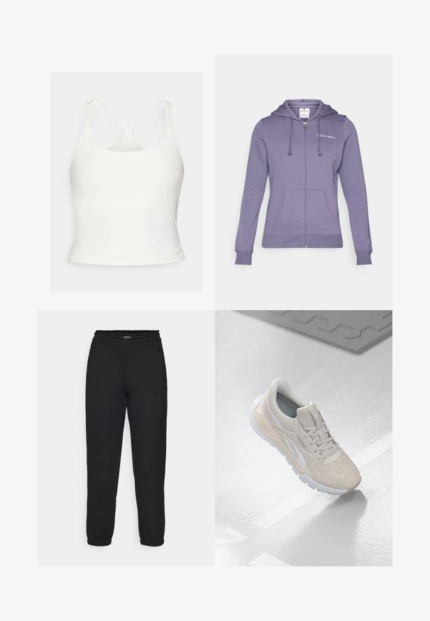 Hanorac cu fermoar de culoare mov, realizat dintr-un amestec de bumbac moale, cu glugă cu șnur, buzunare frontale și un logo mic pe piept. Textură netedă și design ajustat.; Fabletics PRINCIPAL BUILT IN BRA TANK - Top - bone; Champion C-TECH CUFFED PANTS INTERLOCK - Pantaloni de trening - black; Adidașuri bej deschis, cu un superior perforat, accente texturate, guler căptușit și talpă din cauciuc alb, concepute pentru confort și respirabilitate.
