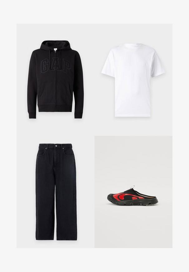Sweat à zip noir en mélange de coton. Dispose d'une poche kangourou, d'une capuche avec cordon de serrage et d'un grand logo GAP à l'avant en gris foncé.; T-shirt blanc à manches courtes en coton avec un col rond, présentant une texture lisse et un design simple, sans motifs ni accents.; Pantalons en denim noir avec une coupe droite, comportant cinq poches, une fermeture à bouton et une finition soignée. Tissu durable à texture mate.; Chaussure noire à enfiler avec un motif courbé rouge audacieux, un matériau supérieur texturé et une semelle en caoutchouc épaisse et adhérente offrant une bonne traction.