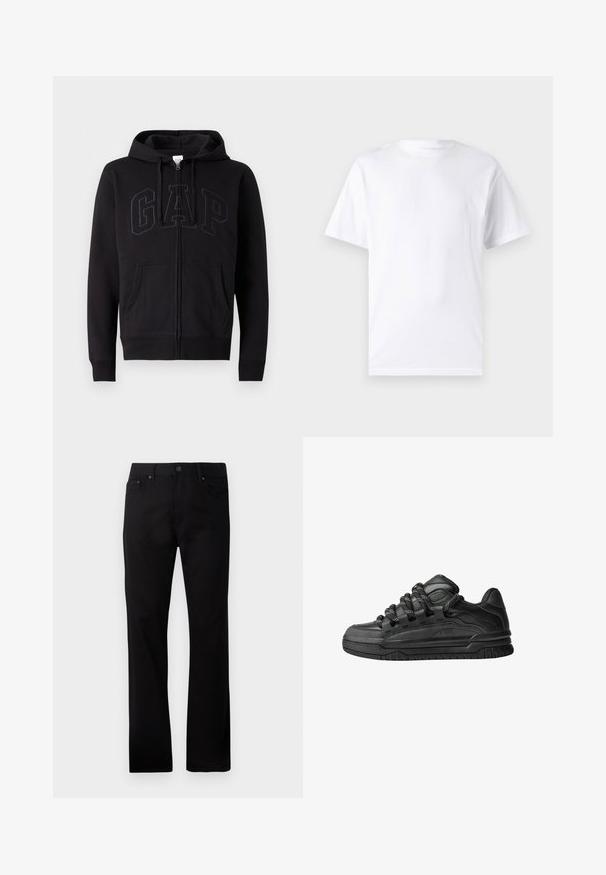Svart zip-kapuschong med bomullsmix. Har en känguruficka, dragsko i huvan och en stor GAP-logotyp på framsidan i mörkgrått.; Vit kortärmad t-shirt i bomull med rund halsringning, som har en slät textur och en enkel design utan mönster eller accenter.; Svarta raka jeans tillverkade av denim, med knappngörning fram, två sidfickor och en slät yta.; Svarta sneakers med ovandel i slät läder, texturerade detaljer och runda svarta och vita snören. Tjock gummisula med ett mönstrat mönster.