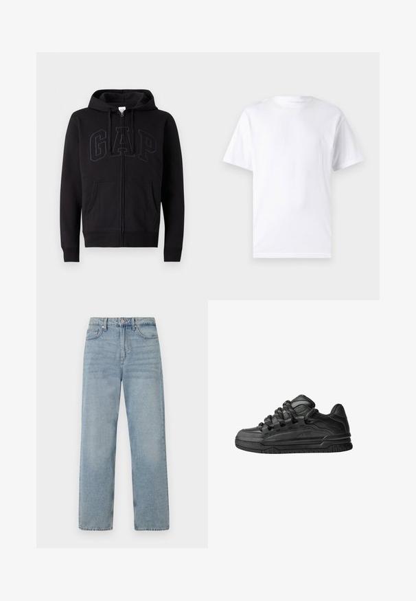 Schwarze Zip-Hoodie aus Baumwollmix. Verfügt über eine Kängurutasche, eine Kapuze mit Zugband und ein großes GAP-Logo auf der Vorderseite in Dunkelgrau.; Weißes kurzärmeliges T-Shirt aus Baumwolle mit Rundhalsausschnitt, das eine glatte Textur und ein einfaches Design ohne Muster oder Akzente aufweist.; Helle blaue Jeans mit hoher Taille, geradem Bein, fünf Taschen und subtilen Verwaschungen für einen getragenen Effekt.; Schwarze Sneakers mit einem glatten Leder-Obermaterial, strukturierten Akzenten und runden schwarz-weißen Schnürsenkeln. Dicke Gummisohle mit einem gemusterten Profil.
