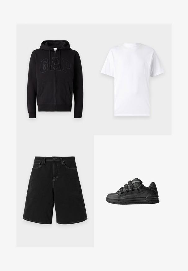 Čierna mikina na zips vyrobená z bavlneného zmesi. Obsahuje klokanie vrecko, kapucňu so šnúrkami a veľké logo GAP na prednej strane v tmavosivej farbe.; Biela krátka rukávová tričko vyrobené z bavlny s okrúhlym výstrihom, s hladkou textúrou a jednoduchým dizajnom bez vzorov alebo akcentov.; Čierne džínsové šortky s priamej a strihom, zdobené kontrastným bielym šitím, prednými vreckami a pásom na gombík. Hladká textúra.; Čierne tenisky s hladkým koženým zvrškom, štruktúrovanými akcentami a okrúhlymi čierno-bielymi šnúrkami. Hrubá gumená podrážka s vzorovaným dezénom.
