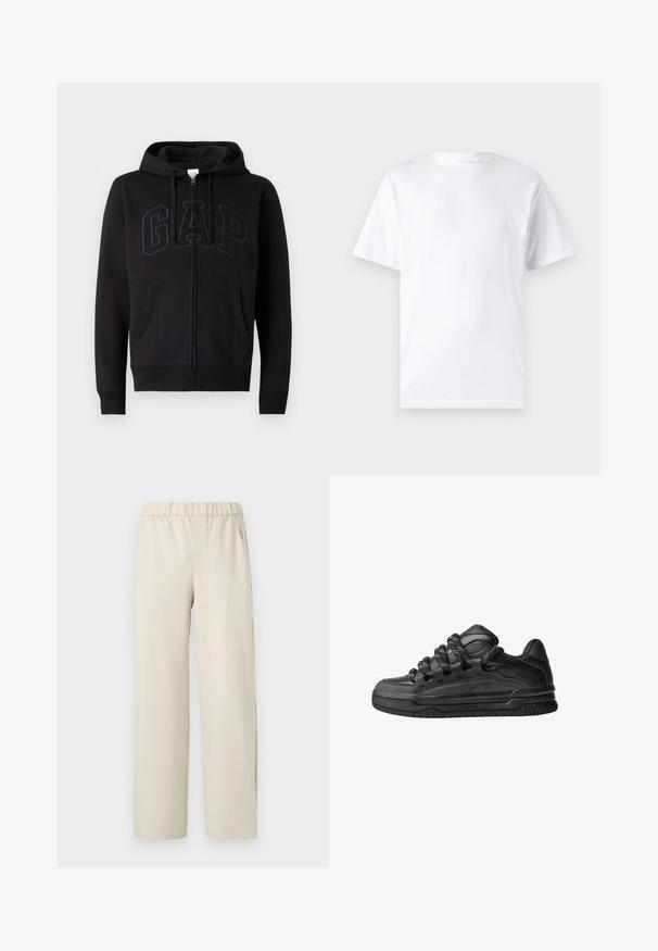 Zwarte rits hoodie van een katoenmix. Voorzien van een kangoeroezak, een capuchon met trekkoord en een groot GAP-logo op de voorkant in donkergrijs.; Witte T-shirt met korte mouwen, gemaakt van katoen, met een ronde hals. Het heeft een gladde textuur en een eenvoudig ontwerp zonder patronen of accenten.; Beige wijde broek met een elastische tailleband, gemaakt van zachte stof. Kenmerkt zich door een gladde textuur en geen zichtbare patronen of hardware.; Zwarte sneakers met een glad leren bovenwerk, gearceerde accenten en ronde zwart-witte veters. Dikke rubberen zool met een geprofileerd loopvlak.