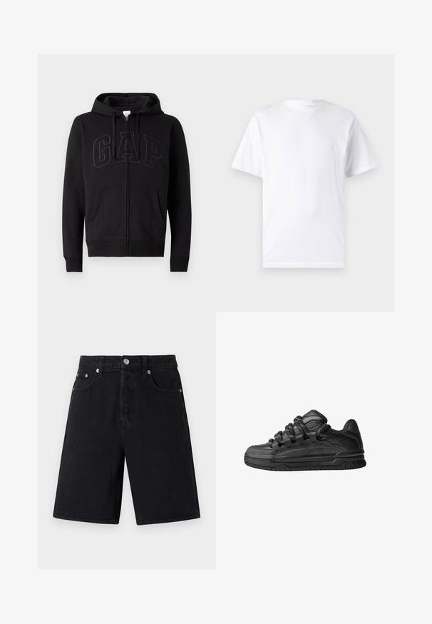 Sweat à zip noir en mélange de coton. Dispose d'une poche kangourou, d'une capuche avec cordon de serrage et d'un grand logo GAP à l'avant en gris foncé.; T-shirt blanc à manches courtes en coton avec un col rond, présentant une texture lisse et un design simple, sans motifs ni accents.; Shorts en denim noir avec une coupe droite. Les caractéristiques incluent une fermeture éclair, cinq poches, des garnitures en argent et une finition texturée discrète.; Baskets noires avec une tige en cuir lisse, des accents texturés et des lacets ronds noir et blanc. Semelle en caoutchouc épaisse avec un motif de semelle.