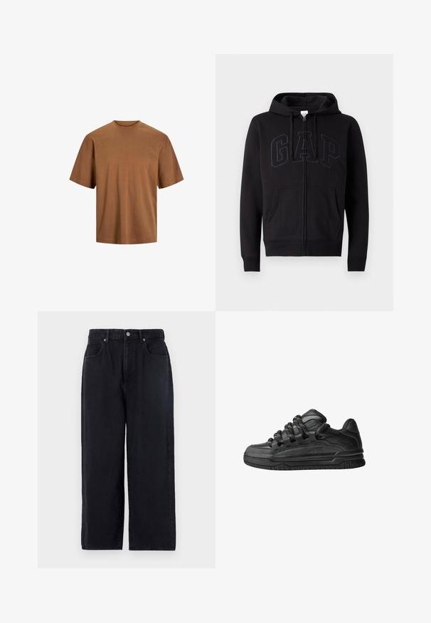 Zwarte rits hoodie van een katoenmix. Voorzien van een kangoeroezak, een capuchon met trekkoord en een groot GAP-logo op de voorkant in donkergrijs.; Korte mouwen T-shirt in bruin, gemaakt van katoen. Heeft een klassieke ronde hals en een ontspannen pasvorm met een soepele textuur en geen zichtbare versieringen.; Zwarte denim broek met een rechte pasvorm, voorzien van vijf zakken, een knoopsluiting en een nette afwerking. Duurzame stof met een matte textuur.; Zwarte sneakers met een glad leren bovenwerk, gearceerde accenten en ronde zwart-witte veters. Dikke rubberen zool met een geprofileerd loopvlak.