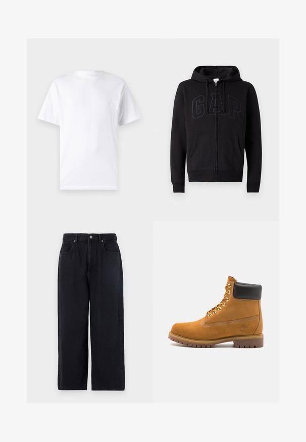 Felpa nera con zip realizzata in un mix di cotone. Presenta una tasca a marsupio, cappuccio con cordoncino e un grande logo GAP sul fronte in grigio scuro.; T-shirt bianco a maniche corte in cotone con scollo rotondo, caratterizzato da una texture morbida e un design semplice senza motivi o accenti.; Pantaloni di denim neri con design a gamba dritta, dotati di cinque tasche, chiusura con bottone e finitura pulita. Tessuto resistente con una texture opaca.; Stivale alla caviglia in suede tan con collare imbottito nero, occhielli in metallo dorato, dettagli in cucitura bianca e suola in gomma robusta con battistrada pronunciato.